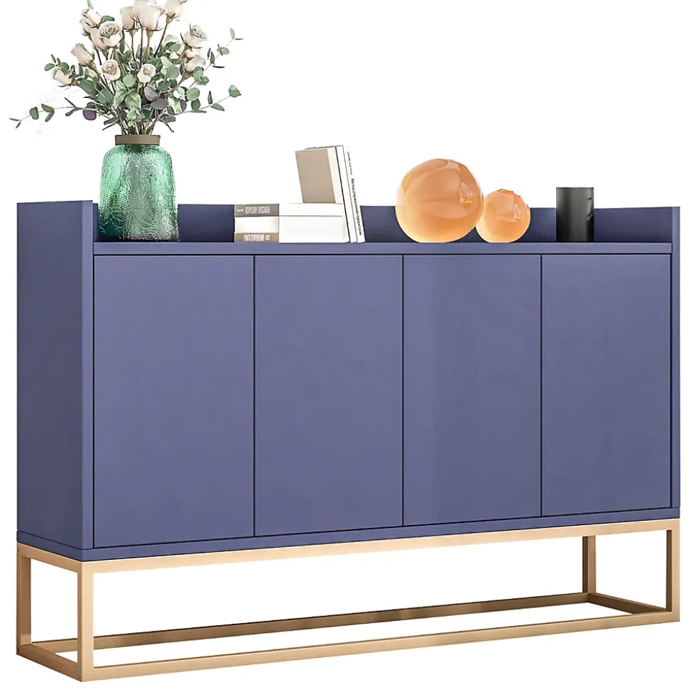 Buffet moderne minimaliste 4 portes sans poignées, Meuble élégant pour salle à manger, salon et cuisine, Bleu marine