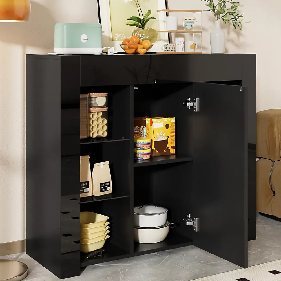 Buffet Noir Laqué avec Portes et Étagères en Verre, Bahut Compact Design pour Salon, Meuble de Rangement Moderne, 95x35x83 cm