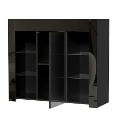Buffet Noir Laqué avec Portes et Étagères en Verre, Bahut Compact Design pour Salon, Meuble de Rangement Moderne, 95x35x83 cm