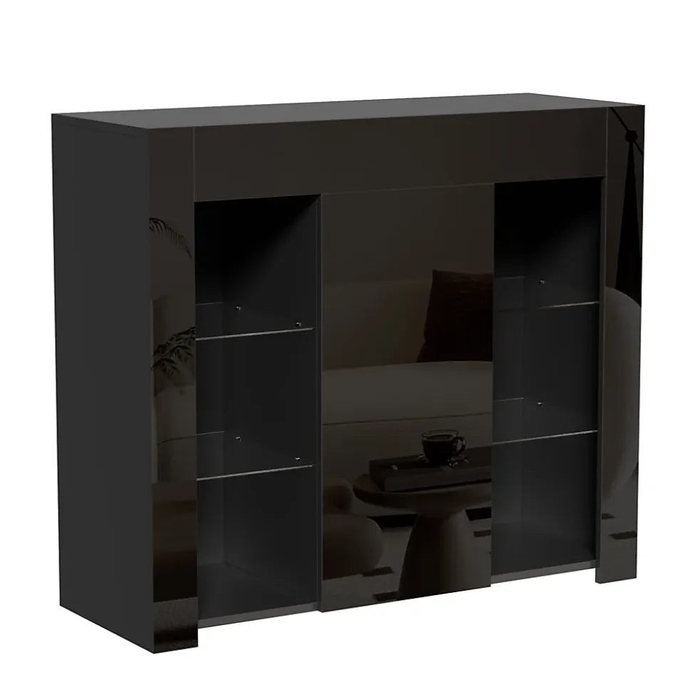 Buffet Noir Laqué avec Portes et Étagères en Verre, Bahut Compact Design pour Salon, Meuble de Rangement Moderne, 95x35x83 cm