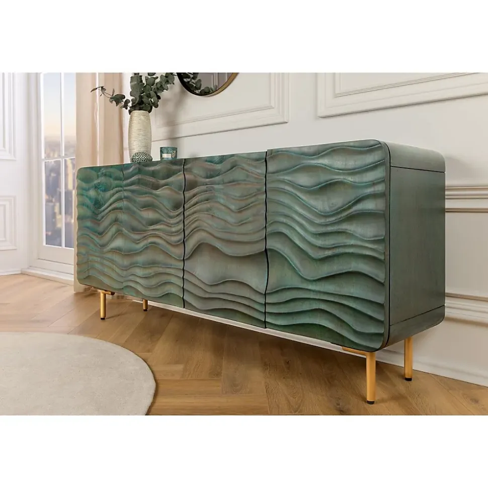 Buffet ONDARA 160 cm Bois Massif Vert Sculpté Pieds Dorés Design Contemporain