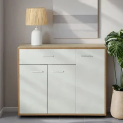Buffet salle à manger CORALINE L 88 cm en bois massif blanc et chêne sonoma avec 1 tiroir et 3 portes