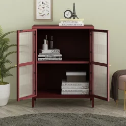 Buffet Säkylä acier verre ondulé 84 x 64 x 35 cm rouge bordeaux en.casa