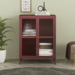 Buffet Säkylä acier verre ondulé 84 x 64 x 35 cm rouge bordeaux en.casa