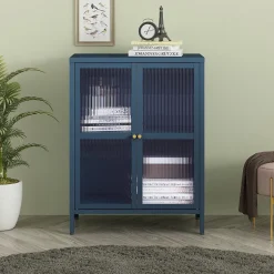 Buffet Säkylä acier verre ondulé 84 x 64 x 35 cm bleu marine en.casa