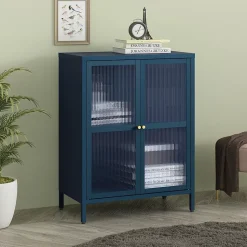 Buffet Säkylä acier verre ondulé 84 x 64 x 35 cm bleu marine en.casa