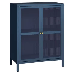Buffet Säkylä acier verre ondulé 84 x 64 x 35 cm bleu marine en.casa