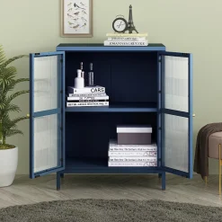 Buffet Säkylä acier verre ondulé 84 x 64 x 35 cm bleu marine en.casa