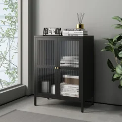 Buffet Säkylä acier verre ondulé 84 x 64 x 35 cm noir en.casa