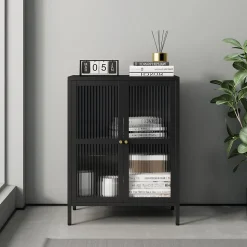Buffet Säkylä acier verre ondulé 84 x 64 x 35 cm noir en.casa