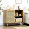 Buffet style bohème - 1 porte, étagère, 2 niches - piètement bois panneaux aspect bois manguier rotin