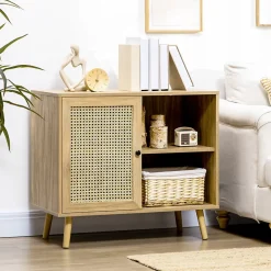 Buffet style bohème - 1 porte, étagère, 2 niches - piètement bois panneaux aspect bois manguier rotin