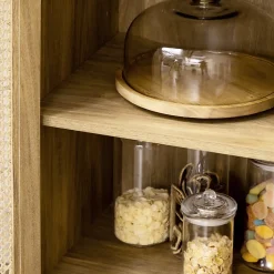 Buffet style bohème - 1 porte, étagère, 2 niches - piètement bois panneaux aspect bois manguier rotin
