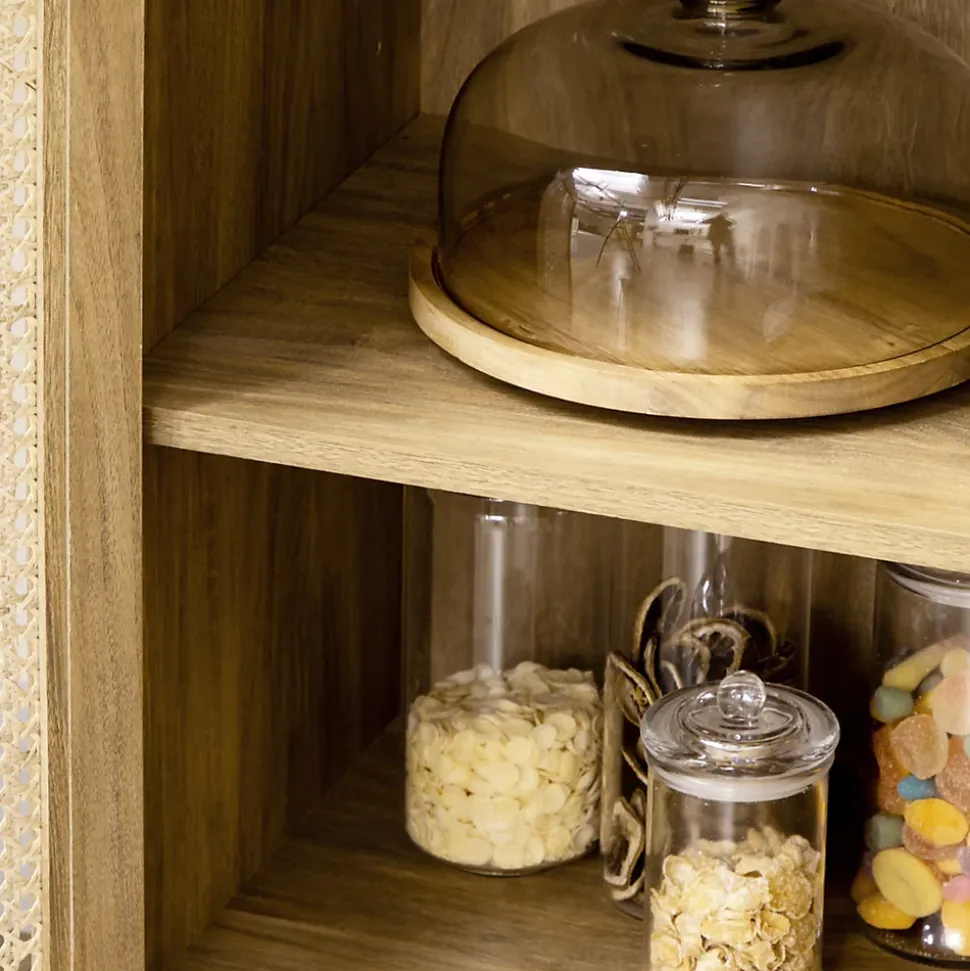 Buffet style bohème - 1 porte, étagère, 2 niches - piètement bois panneaux aspect bois manguier rotin