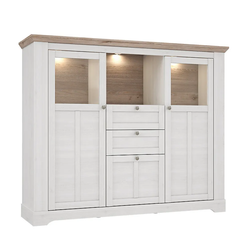 Buffet vitrine 3 portes 2 tiroirs + LED décor chêne blanchi - ANGELE