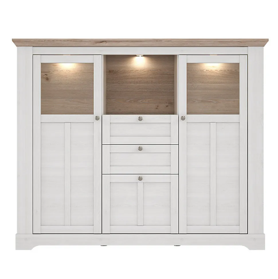 Buffet vitrine 3 portes 2 tiroirs + LED décor chêne blanchi - ANGELE