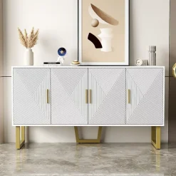 Buffet 150x40x82cm - Armoire avec 4 portes texturées brillantes et poignées dorées, étagères réglables en hauteur - Blanc