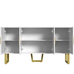 Buffet 150x40x82cm - Armoire avec 4 portes texturées brillantes et poignées dorées, étagères réglables en hauteur - Blanc