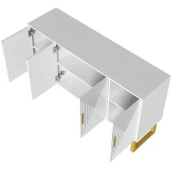 Buffet 150x40x82cm - Armoire avec 4 portes texturées brillantes et poignées dorées, étagères réglables en hauteur - Blanc