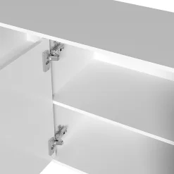 Buffet 150x40x82cm - Armoire avec 4 portes texturées brillantes et poignées dorées, étagères réglables en hauteur - Blanc