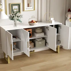 Buffet 150x40x82cm - Armoire avec 4 portes texturées brillantes et poignées dorées, étagères réglables en hauteur - Blanc