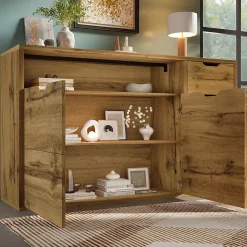 Buffet 150x40x90cm - avec 2 portes et 4 tiroirs - avec compartiments ouverts - extérieur en chêne - couleur chêne