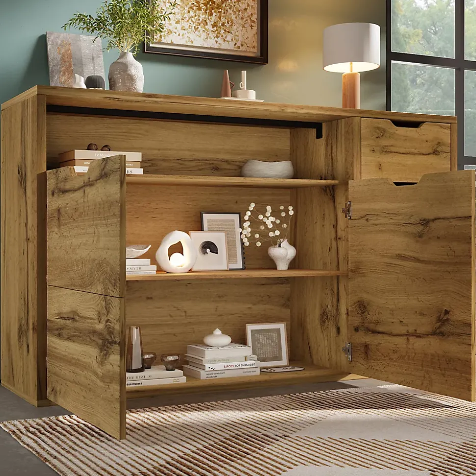 Buffet 150x40x90cm - avec 2 portes et 4 tiroirs - avec compartiments ouverts - extérieur en chêne - couleur chêne