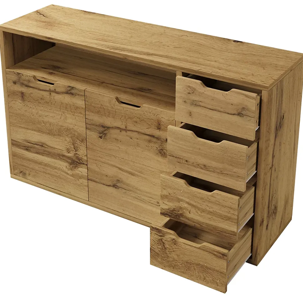Buffet 150x40x90cm - avec 2 portes et 4 tiroirs - avec compartiments ouverts - extérieur en chêne - couleur chêne