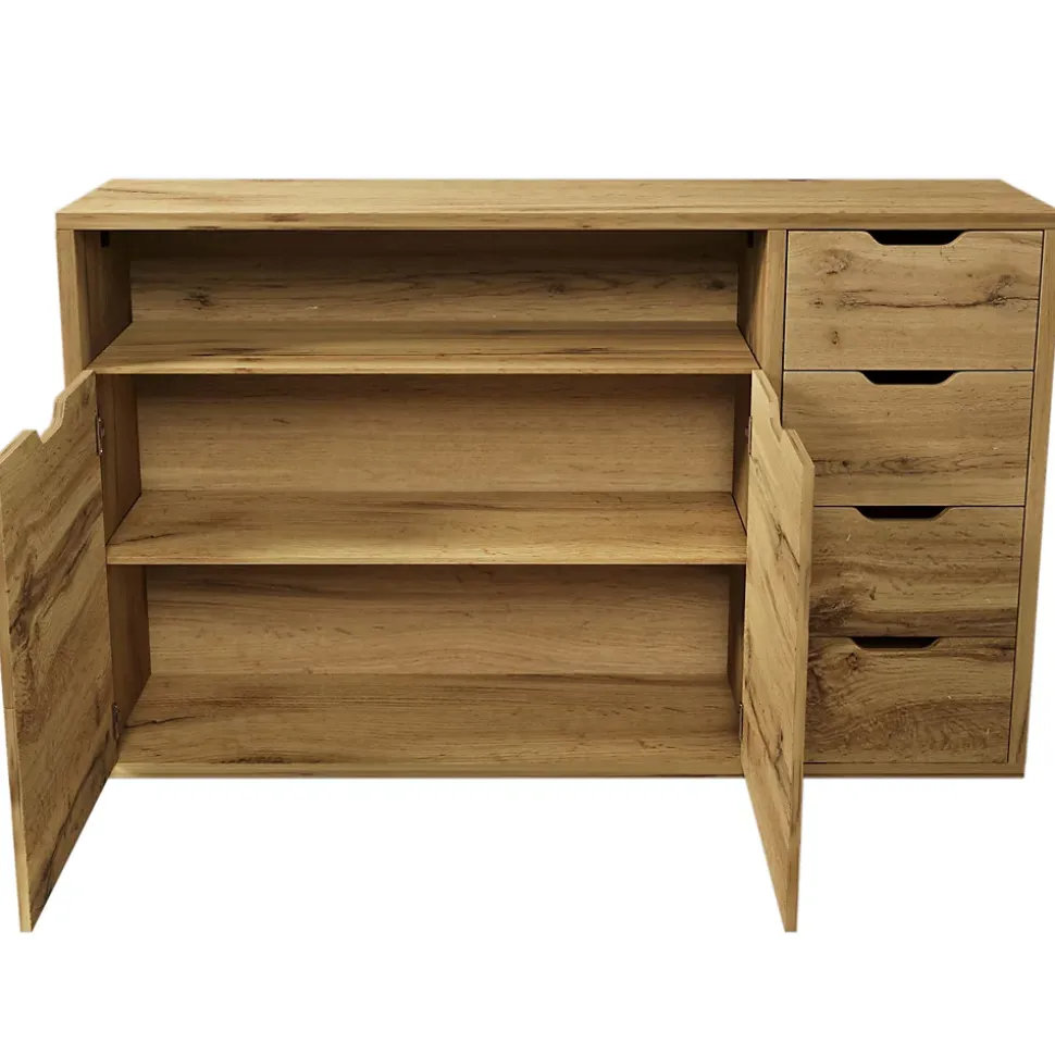 Buffet 150x40x90cm - avec 2 portes et 4 tiroirs - avec compartiments ouverts - extérieur en chêne - couleur chêne