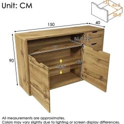 Buffet 150x40x90cm - avec 2 portes et 4 tiroirs - avec compartiments ouverts - extérieur en chêne - couleur chêne