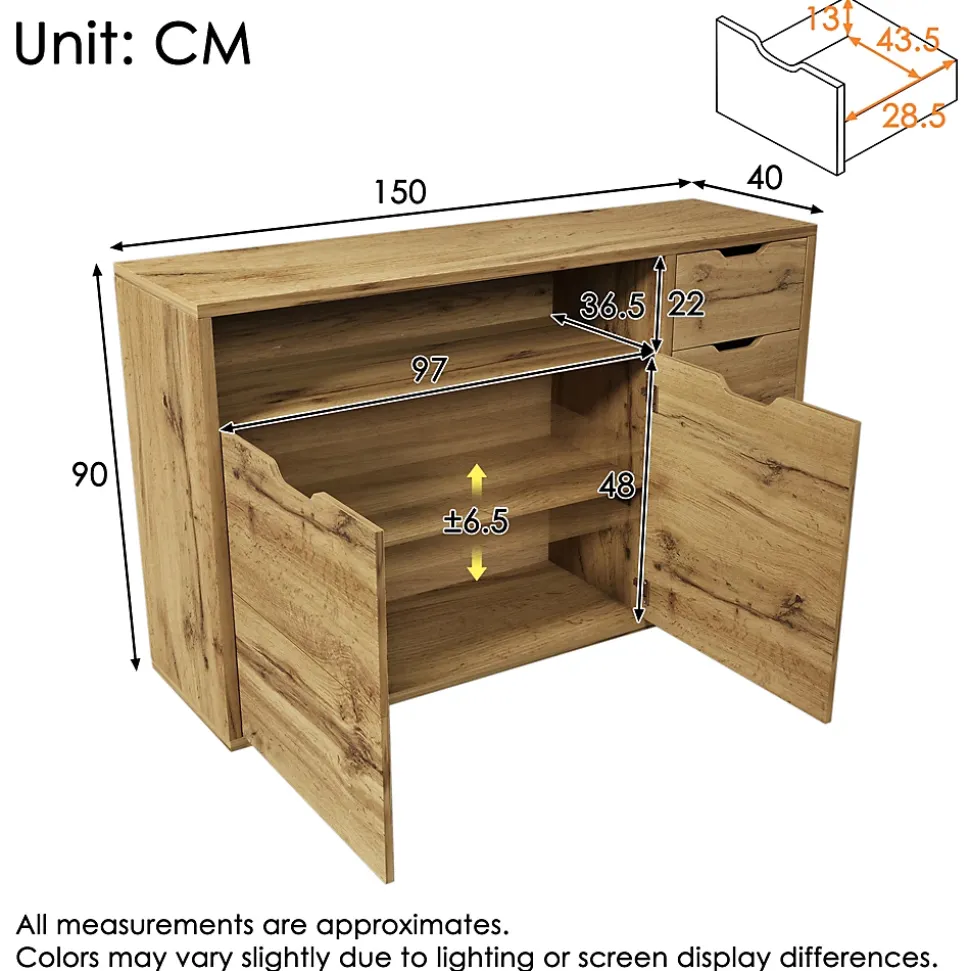 Buffet 150x40x90cm - avec 2 portes et 4 tiroirs - avec compartiments ouverts - extérieur en chêne - couleur chêne