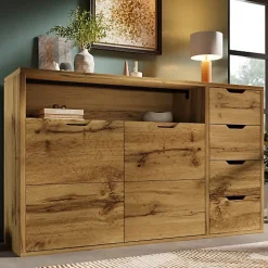 Buffet 150x40x90cm - avec 2 portes et 4 tiroirs - avec compartiments ouverts - extérieur en chêne - couleur chêne
