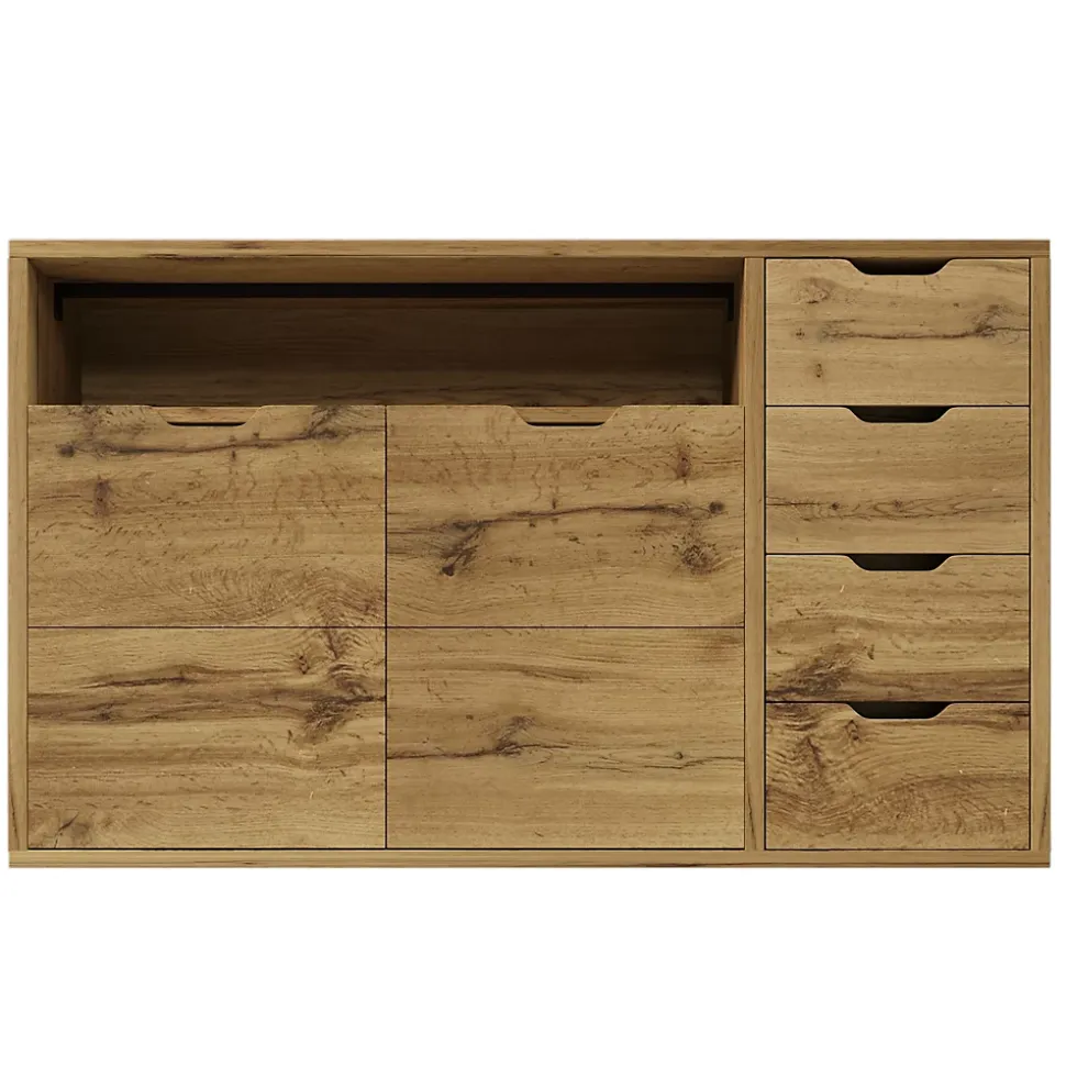 Buffet 150x40x90cm - avec 2 portes et 4 tiroirs - avec compartiments ouverts - extérieur en chêne - couleur chêne