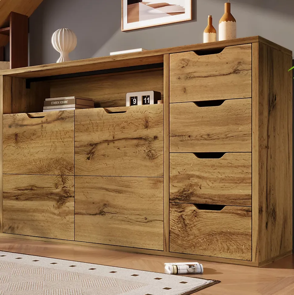 Buffet 150x40x90cm - avec 2 portes et 4 tiroirs - avec compartiments ouverts - extérieur en chêne - couleur chêne