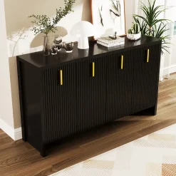 Buffet 140x80x38cm, avec 4 portes, poignées dorées et séparateurs réglables, design élégant, panneaux de particules, noir
