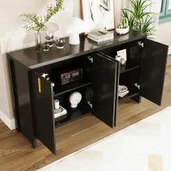 Buffet 140x80x38cm, avec 4 portes, poignées dorées et séparateurs réglables, design élégant, panneaux de particules, noir