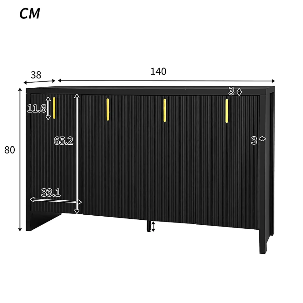 Buffet 140x80x38cm, avec 4 portes, poignées dorées et séparateurs réglables, design élégant, panneaux de particules, noir