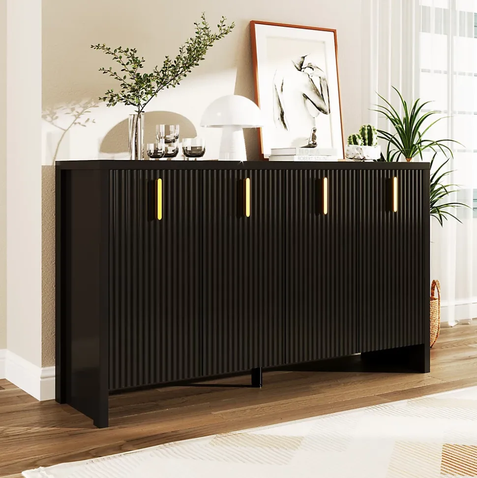 Buffet 140x80x38cm, avec 4 portes, poignées dorées et séparateurs réglables, design élégant, panneaux de particules, noir