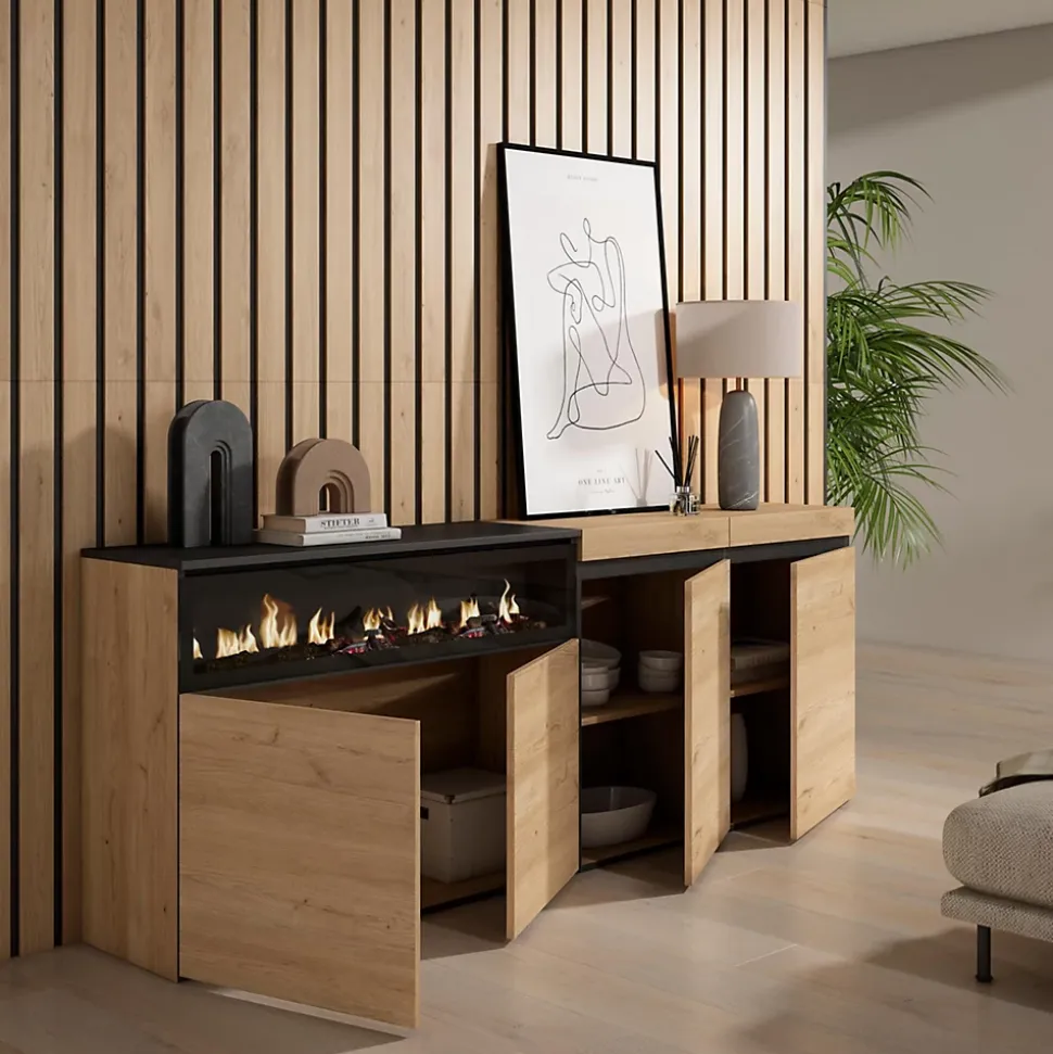Buffet 200x35x75cm feu led sans chaleur couleur chêne et noir