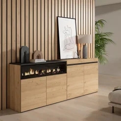 Buffet 200x35x75cm feu led sans chaleur couleur chêne et noir