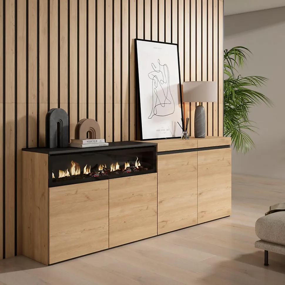 Buffet 200x35x75cm feu led sans chaleur couleur chêne et noir