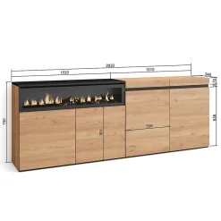 Buffet 200x35x75cm feu led sans chaleur couleur chêne et noir