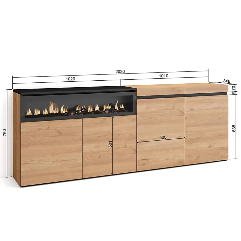 Buffet 200x35x75cm feu led sans chaleur couleur chêne et noir