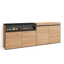 Buffet 200x35x75cm feu led sans chaleur couleur chêne et noir