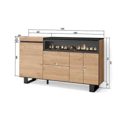 Buffet 150x35x87cm feu led sans chaleur couleur chêne et noir