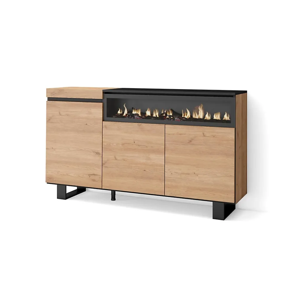 Buffet 150x35x87cm feu led sans chaleur couleur chêne et noir