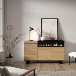 Buffet 150x35x87cm feu led sans chaleur couleur chêne et noir