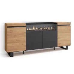 Buffet 200x35x87cm feu led sans chaleur couleur chêne et noir