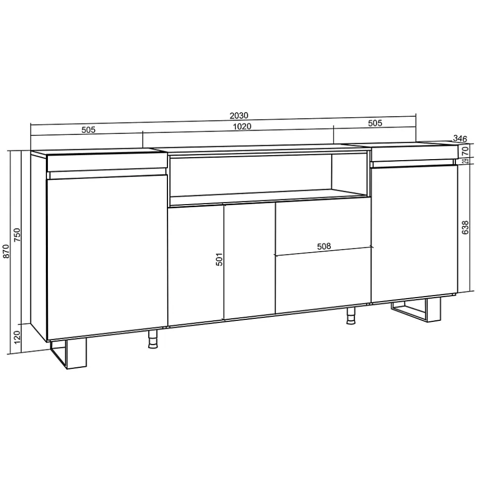 Buffet 200x35x87cm feu led sans chaleur couleur noir