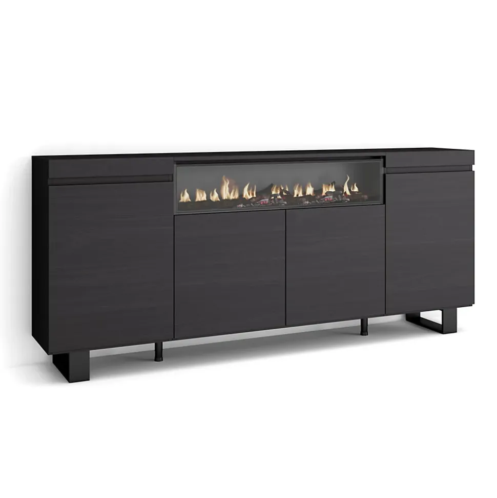 Buffet 200x35x87cm feu led sans chaleur couleur noir